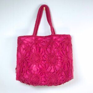 Newport News Floral Crochet Hot Pink Tote Beach Bag Vintage Large Purse